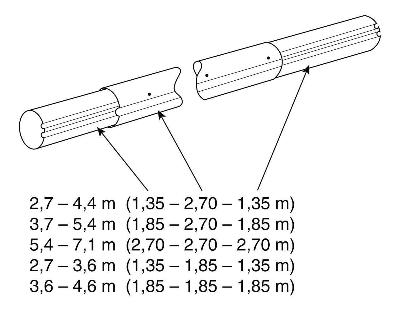 Teleskop. navíjecí tyč - délka: 3,7–4,6 m (eloxovaný hliník)